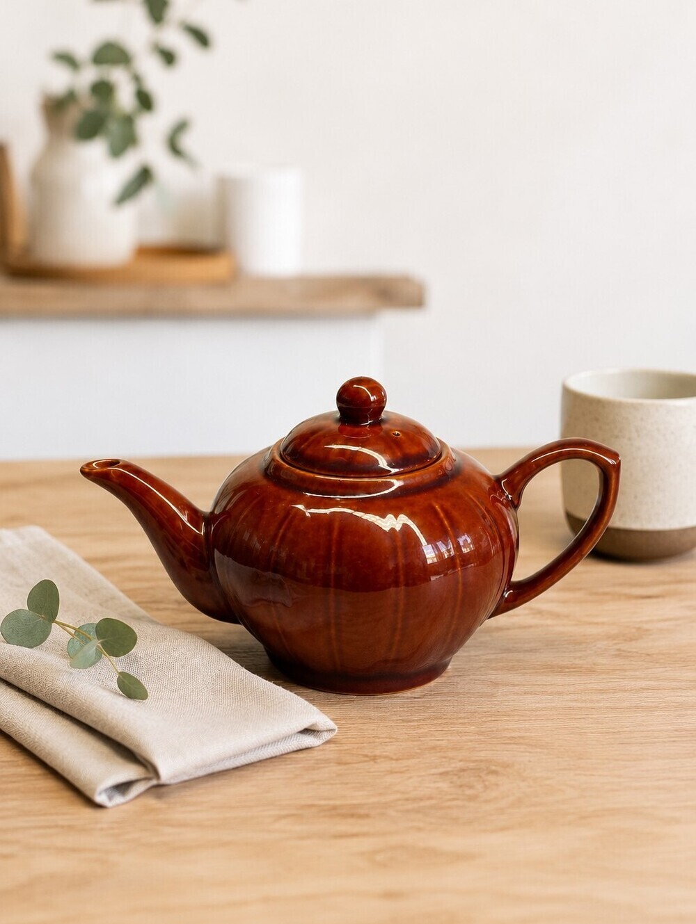Vintage 1970s Large Brown Paneled Primitive Style Teapot